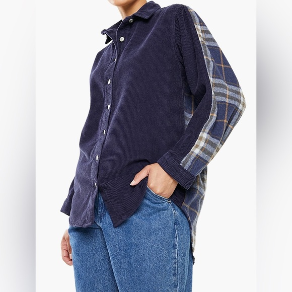 Missguided blue corduroy plaid button up jacket sweater - Picture 4 of 8
